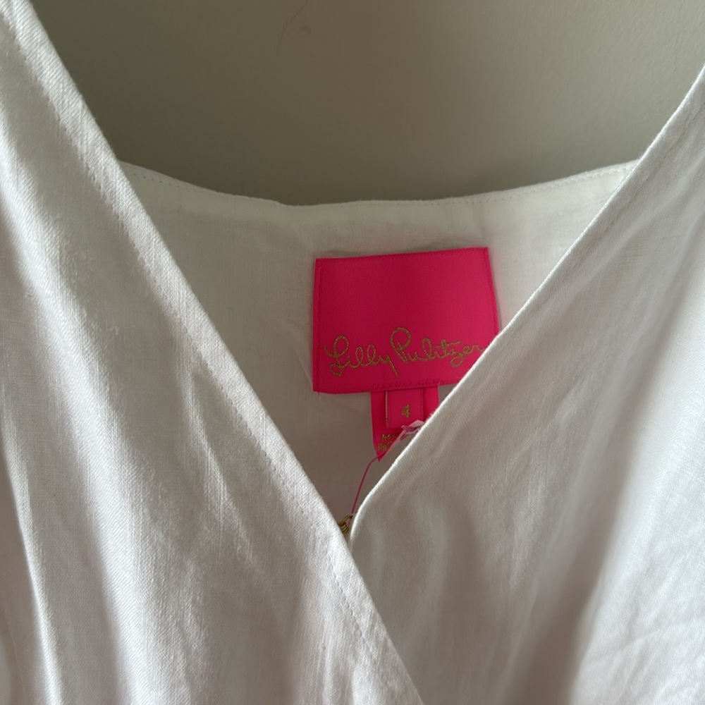 LILLY PULITZER DRESS IRALEE SHORT SLEEVE LINEN WHITE WRAP STYLE SIZE 4 - Picture 4 of 6
